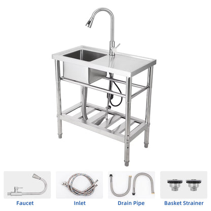 WPOND 30" Freestanding Utility Sink with Hot and Cold Faucet, Stainless Steel Sink with Workbench, Commercial Kitchen Single Bowl Sink for Garage, Restaurant, Kitchen, Laundry, NSF Certified