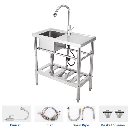 WPOND 30" Freestanding Utility Sink with Hot and Cold Faucet, Stainless Steel Sink with Workbench, Commercial Kitchen Single Bowl Sink for Garage, Restaurant, Kitchen, Laundry, NSF Certified