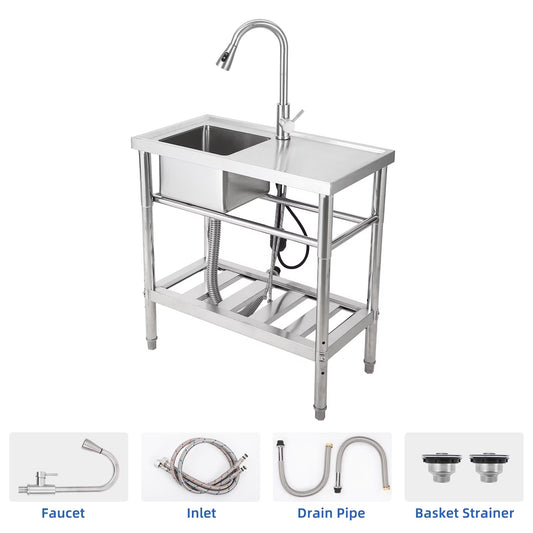 WPOND 30" Freestanding Utility Sink with Hot and Cold Faucet, Stainless Steel Sink with Workbench, Commercial Kitchen Single Bowl Sink for Garage, Restaurant, Kitchen, Laundry, NSF Certified