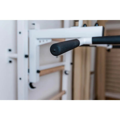BenchK 733 White Wall bars with convertible steel 6-grip pull-up bar that can also be used as a barbell holder, dip bar with back support and advanced workout bench