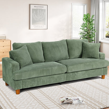 87" Corduroy Sofa,3 Seater Sofa with Extra Deep Seats,Neche Comfy Upholstered Couch for Living Room,2 Pillows,Green