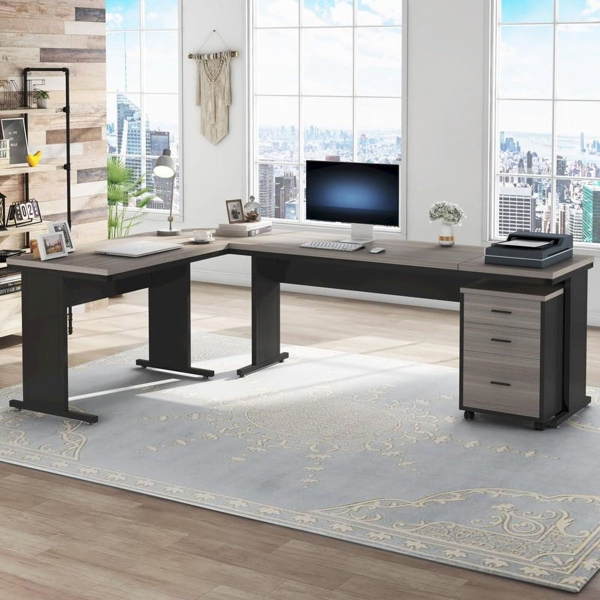 83" L-Shaped Executive Desk, Large L Office Desk with 3-Drawer Mobile File Cabinet, Business Furniture Desk Workstation Brown