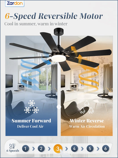 Zardon 62" Black Modern Ceiling Fan with Light and Remote Control, Reversible Quiet DC Motor, Bright LED Light, 6-Speed, Timer for Bedroom, Living Room