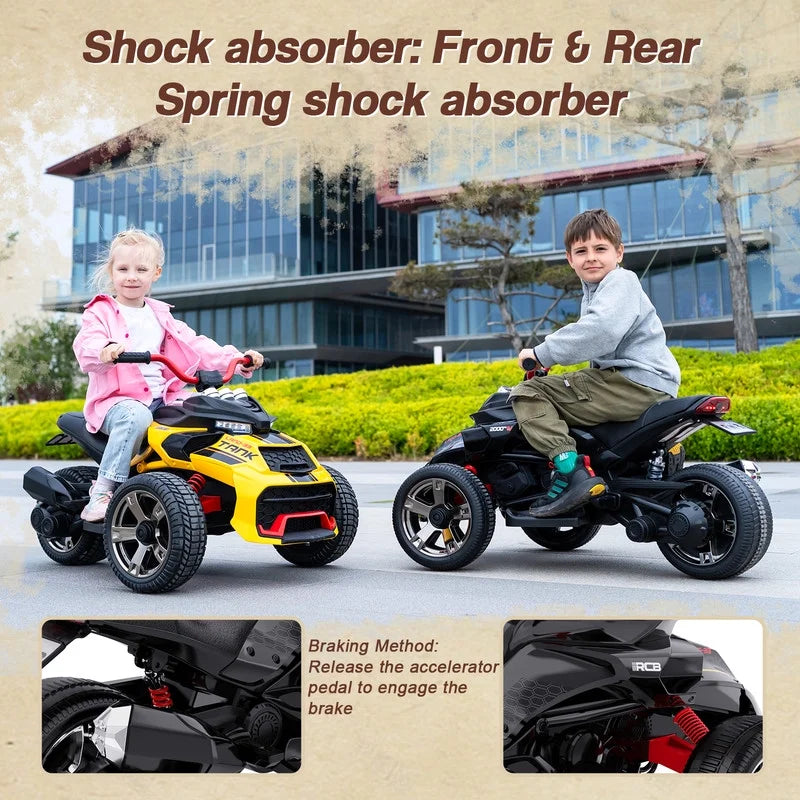 RCB 12V Electric Ride-On,Dual Motors,Music,Up to 5 mph,3 Wheel ATV Style for Kids Ages 3+,Black