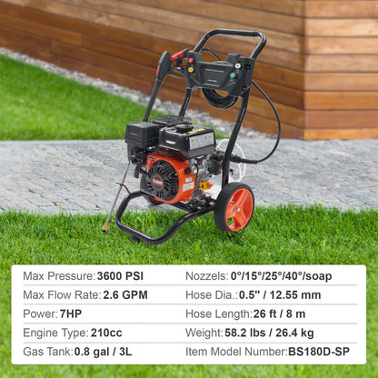 KFFKFF 3600 PSI 2.6 GPM Gas Pressure Washer w/26 ft High Pressure Hose 5 Nozzles Gas Powered Washer