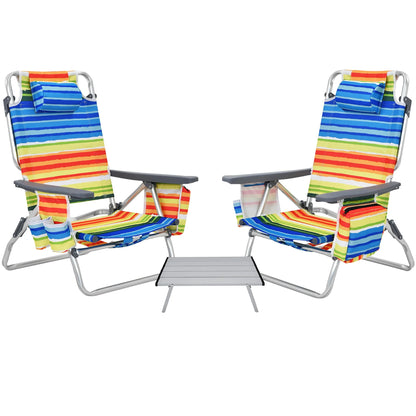 Costway 2-Pack Folding Backpack Beach Chair Table Set 5-Position Outdoor Reclining Chair Pink
