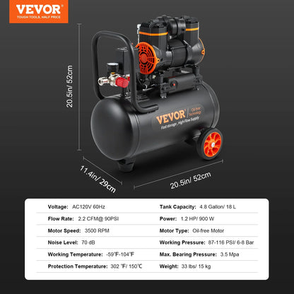 VEVOR 4.8 Gallon Air Compressor, 1.2HP 2.2 CFM@90PSI Oil Free Air Compressor Tank & Max. 116PSI Pressure, 70 dB Ultra Quiet Compressor for Auto Repair,Tire Inflation,Spray Painting,Woodwork Nailing