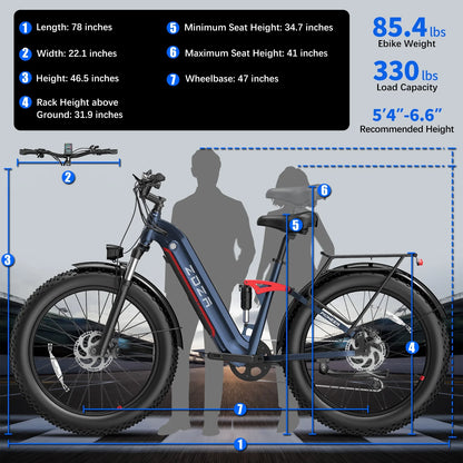 ZDZA Electric Bike for Adults, 26*4.0 Fat Tire 2000W Peak Motor 28MPH E-Mountain Bike, 48V 18Ah Off Road Ebike with Shelves, Dual Shock Absorbers UL2849