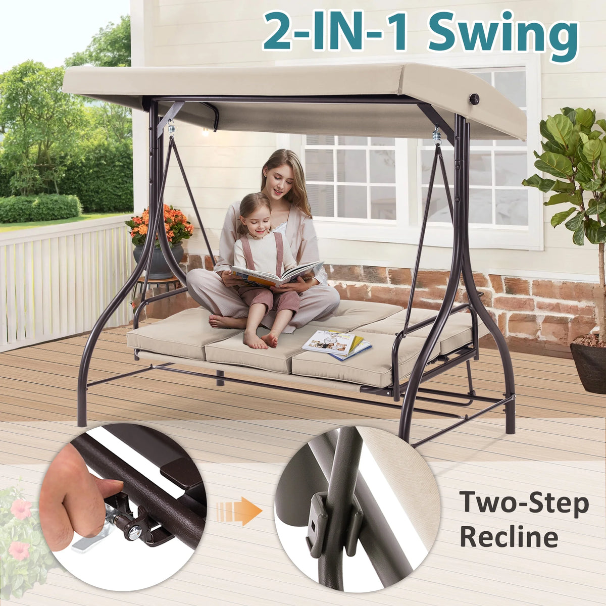 MCombo 3-Seat Outdoor Patio Swing Chair Cushioned with Adjustable Backrest and Canopy, Pillow, Brown