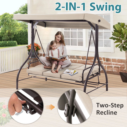 MCombo 3-Seat Outdoor Patio Swing Chair Cushioned with Adjustable Backrest and Canopy, Pillow, Brown