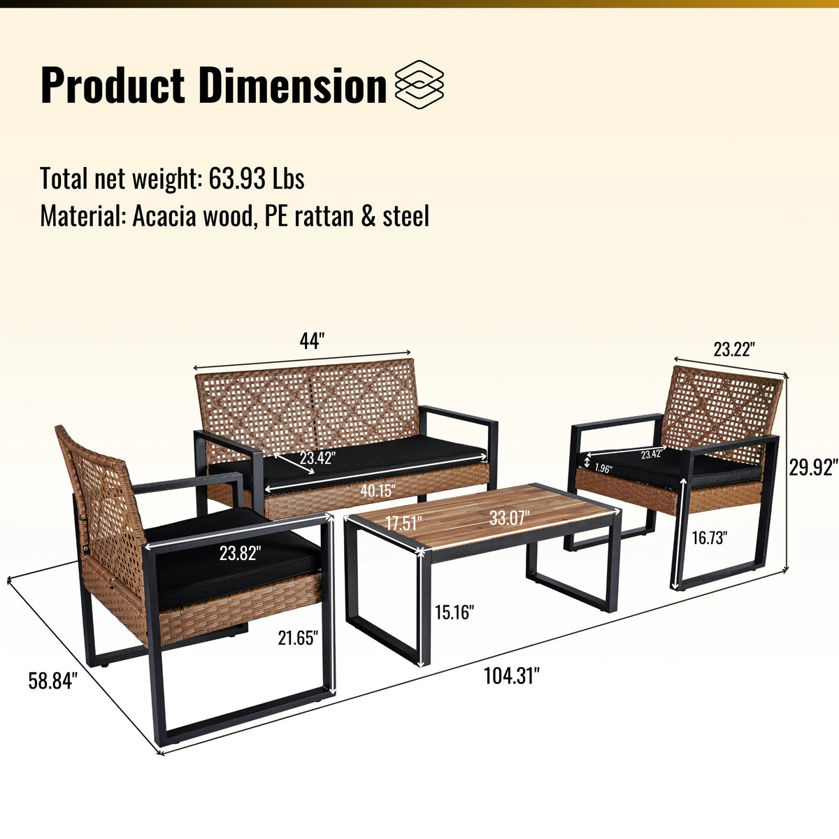 Heavy-duty Patio Furniture Set, 4 Piece Outdoor Sectional Conversation Sets, BrownPE Rattan Patio Sofa Set with Blue Cushions