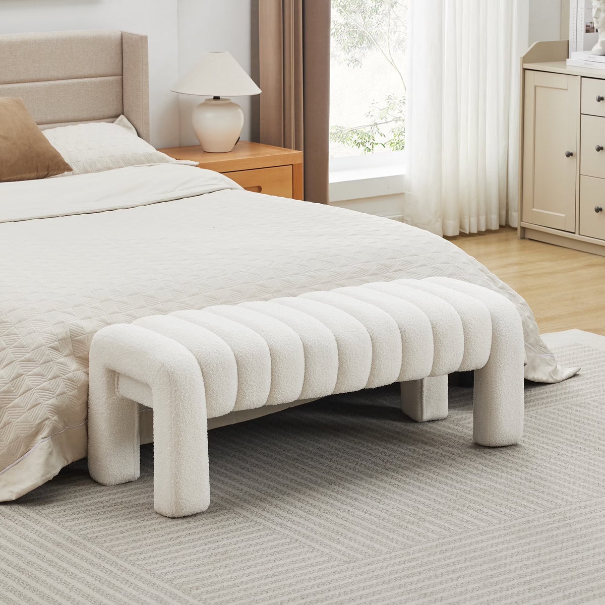 Zesthouse 63�� End of Bed Bench, Linen Tufted Upholstered Ottoman Bench with Padded Seat and Solid Wood Leg, Modern Entryway Bench for Bedroom, Living Room, Beige