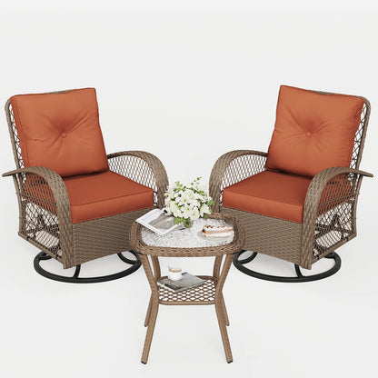 ELPOSUN 3 Pieces Patio Furniture Set, Outdoor Swivel Gliders Rocker, Wicker Patio Bistro Set with Rattan Rocking Chair, Glass Top Side Table and Thickened Cushions for Porch Deck Backyard