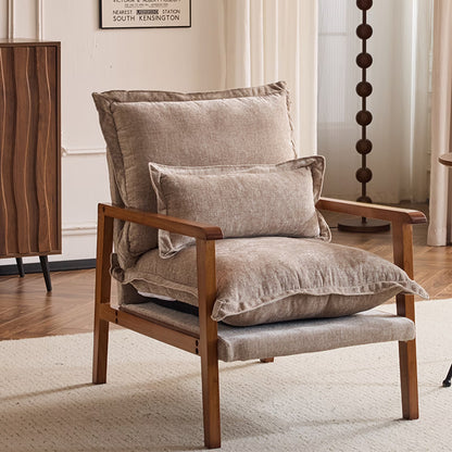 Ktaxon Chenille Accent Chair, Solid Wood Armrests Armchair, Metal Frame for Stability, Single Sofa with Comfortable Cushions and Lumbar Pillow Beige