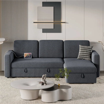 Alden Design Reversible Sectional Sofa with USB & Type-C Ports for Livingroom, Light Gray