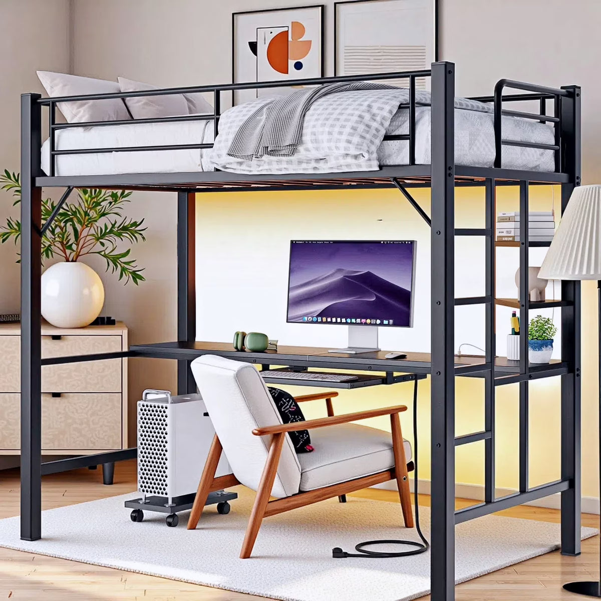 Lofka Twin Loft Bed with L-Shaped Desk, RGB Lights & Charging Station, 400lb Capacity Metal Frame, 3 Shelves & 2 Drawers, Easy Assembly��White