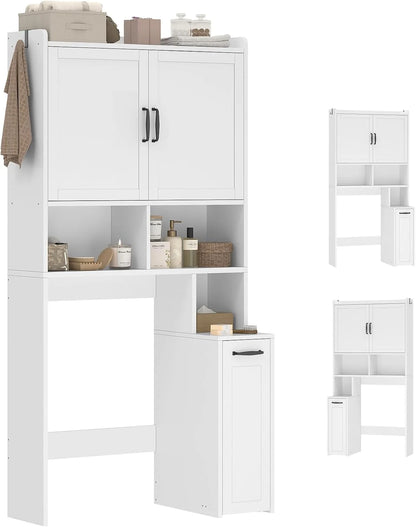 Frhnenha Over The Toilet Storage Cabinet with Pulley, Bathroom Storage Cabinet, with Adjustable Shelf and Open Shelf for Bathroom, Restroom, Laundry, White