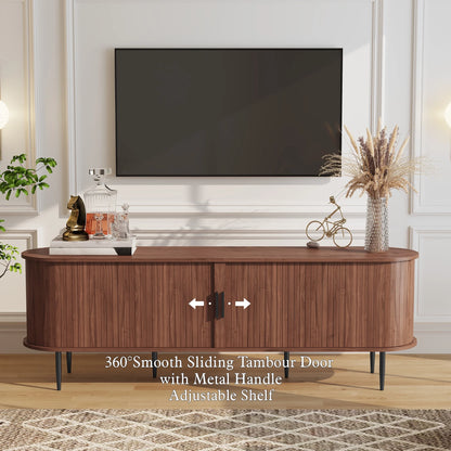 HLR 70" Mid Century TV Stand With Tambour Door For TVs Up To 80", Entertainment Center With Storage, Brown