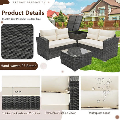 SEGMART 4 Piece Patio Furniture Set, All-Weather Outdoor Sectional Sofa Set, PE Rattan Conversation Set with Storage Box, Table & Cushions, Wicker Furniture Couch Set for Patio Deck Garden