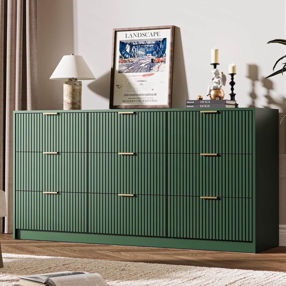 Furniway Fluted Large 9-Drawer Black Dresser