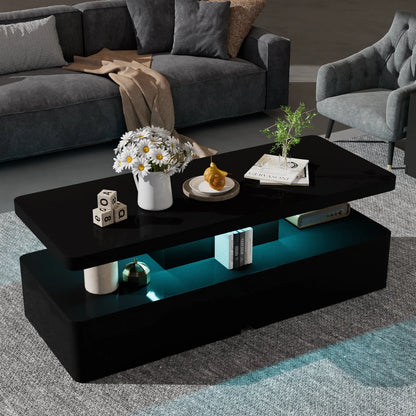 Oneinmil Modern Stylish Coffee Table with 12 Colors LED Lights, Double-Layer Design for Living Room, Black High Gloss Acrylic