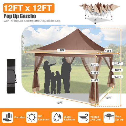 HOTEEL 12x12 EZ Pop Up Gazebo Tent with Sidewalls,Patio Gazebo Instant Shelter for Outdoor Party Camping Backyard Beach with Carry Bag,Stakes,Ropes,Gray