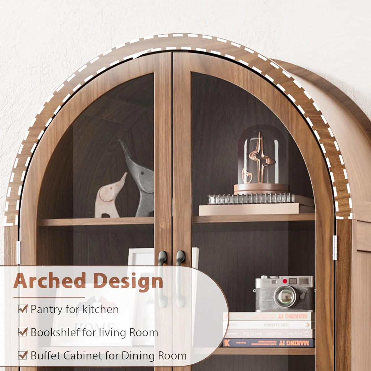 Fiogmub Tall Arched Storage Display Cabinet, Arched Pantry Cabinet with Doors, Acrylic Glass Doors