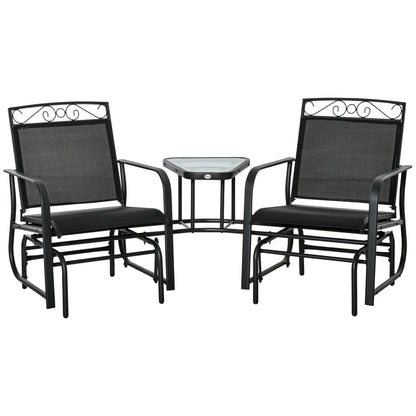 Outsunny Outdoor Glider Chairs with Coffee Table, Patio 2-Seat Rocking Chair Swing with Breathable Sling for Backyard, Garden and Porch, Black