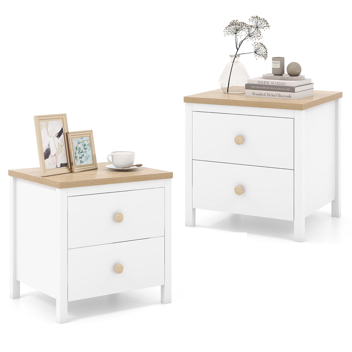 Gymax 2 PCS Nightstand Farmhouse Side End Table w/ Solid Wood Legs & 2 Drawers White