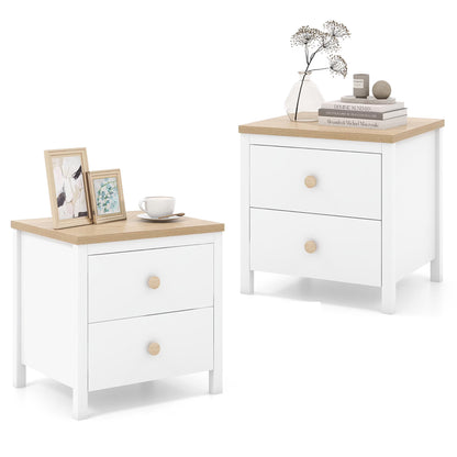 Gymax 2 PCS Nightstand Farmhouse Side End Table w/ Solid Wood Legs & 2 Drawers White