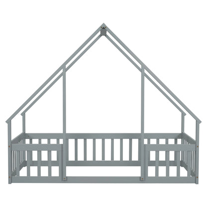 Bellemave Twin Size Floor Bed Frame, Wooden House Bed Twin Size with Fence, Montessori Bed with Guardrails for Bedroom (White)