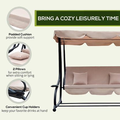 Outsunny 3-Seat Steel Outdoor Canopy Porch Swing with Cushions and Pillows, Light Brown