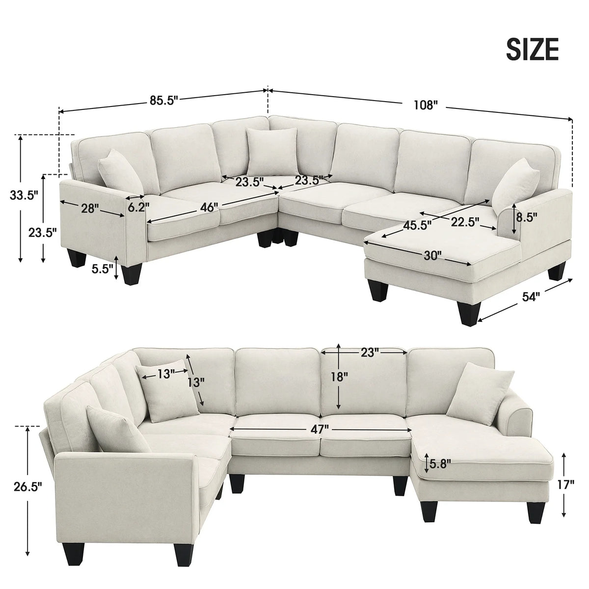 Harper & Bright Designs Modular Sectional Sofa with Ottoman Couch L Shape Corner Sofa Sets 7 Seats Fabric Couch for Living Room, Black, 112 * 87 inch