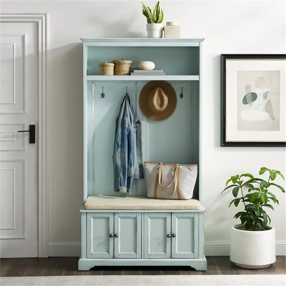 Bowery Hill Traditional Wood Hall Tree in Seafoam Blue/Oatmeal