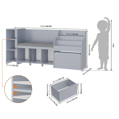 Homfa Kids Bookshelf with Reading Nook, 6 Shelf Bookcase with 1 Wood Toy Bin with 3 Tier Book Rack for Children Kidsroom
