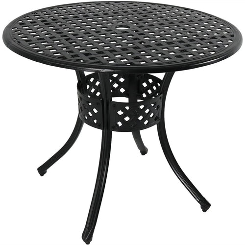 Sunnydaze Decorative Lattice 33" Round Cast Aluminum Outdoor Dining Table with Umbrella Hole