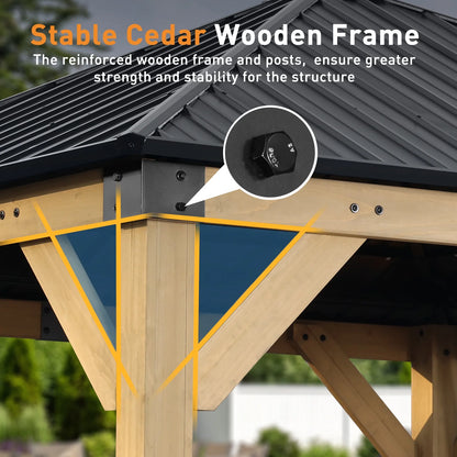Aoodor 10 x 12 ft Wooden Frame Gazebo with 2-Tier Galvanized Metal Hardtop Roof, Outdoor Patio Gazebo with Charging Socket for Patio, Backyard, Deck, and Lawn