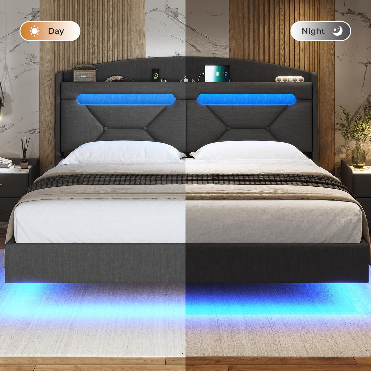 King Size Bed Frame with Storage Headboard and LED Lights,Upholstered Platform Bed with USB Port Charging,Headboard with Shelves Hidden Storage,Noise-Free,Dark Grey