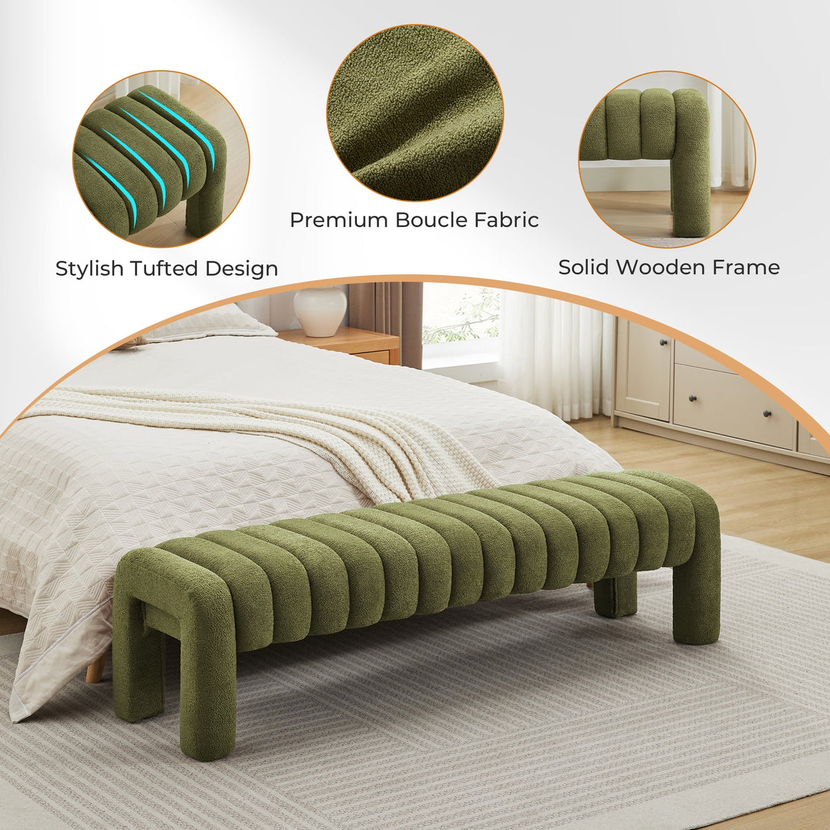 Zesthouse 63�� End of Bed Bench, Linen Tufted Upholstered Ottoman Bench with Padded Seat and Solid Wood Leg, Modern Entryway Bench for Bedroom, Living Room, Beige