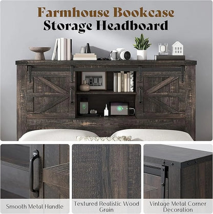 Merluxy Farmhouse Full Bed Frame with Storage Bookcase & Charging Station, Bedroom Furniture, Grey