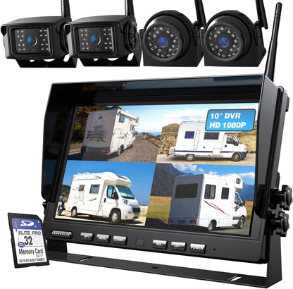 ZEROXCLUB 10'' 1080P HD Wireless Backup Camera System IP69K Waterproof & Loop Recording 10 Inch DVR Quad Split Monitor For RV/Truck/Trailer/Camper