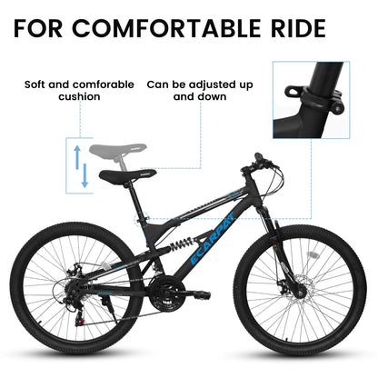 26 Inch Mountain Bike, Dual Full Suspension 21-Speed Disc Brakes Thumb Shifter, Carbon Steel Frame Mountain Bike, Mens Womens Trail Commuter City Bicycles