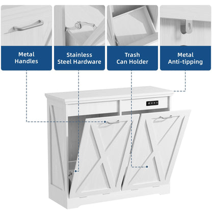 Tolead Double Tilt Out Trash Cabinet, Wooden Free Standing Laundry Sorter Cabinet, with Hideaway Drawer, White