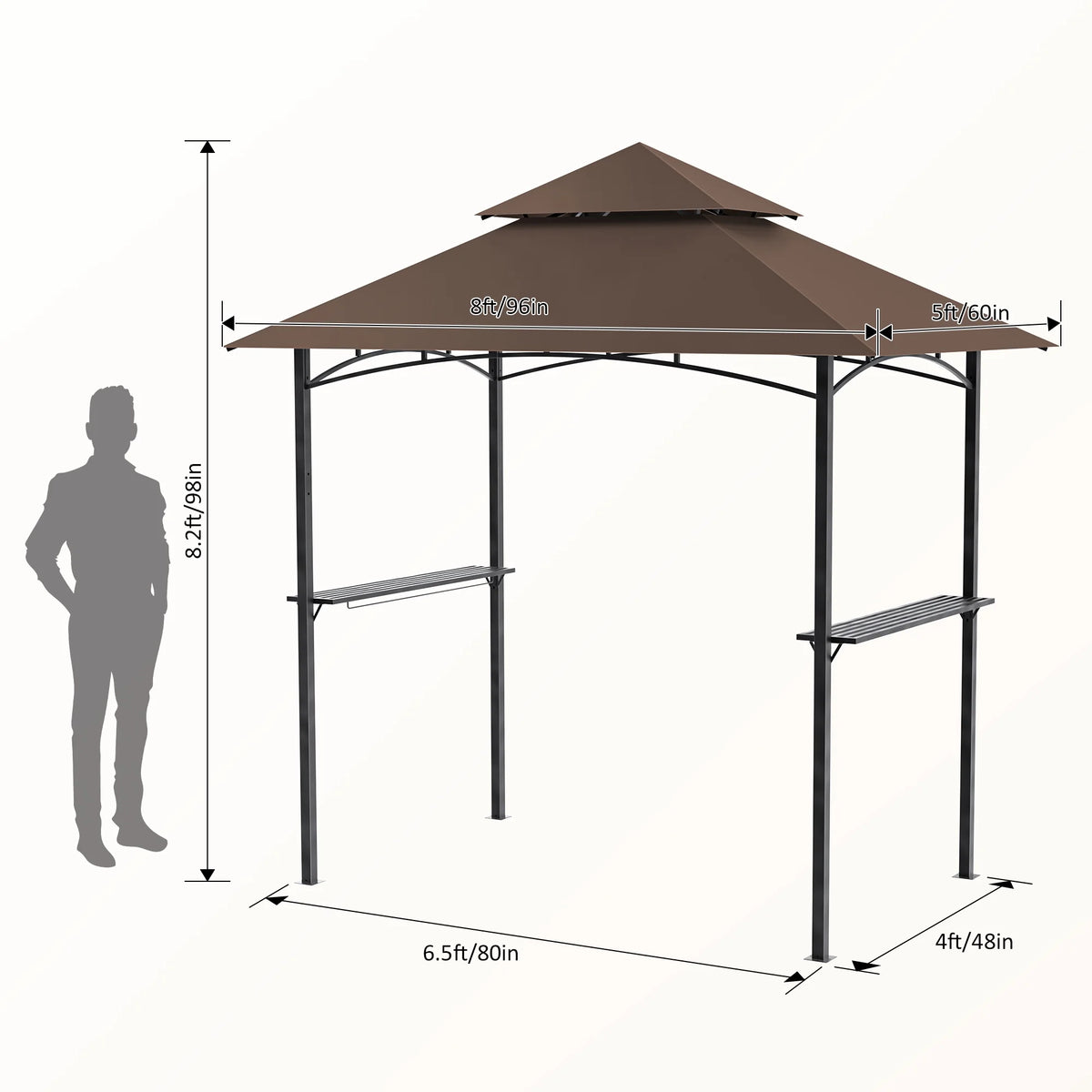 GVDV 8'x 5' Grill Gazebo Canopy, Outdoor BBQ Gazebo Shelter with 2 Side Shelves & Double-Tiered Top