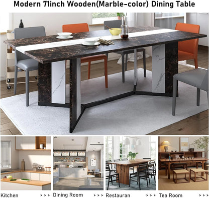 71 inch Large Rectangular Dining Table for 6-8 People, Dining Table with Marble-Color Wood Waterproof Tabletop and Adjustable Leg, 6ft Luxurious Family Dinner Table for Office Kitchen Living Room