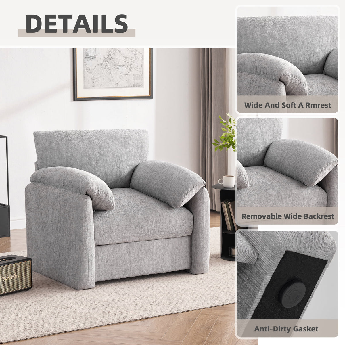 Chenille Oversized Armchair, 38.6" Wide Accent Chairs for Living Room & Bedroom Modern Lounge Chair, Upholstered Mid-Century Reading Chair, Comfy Living Room Chair, Single Sofa Chair, Beige