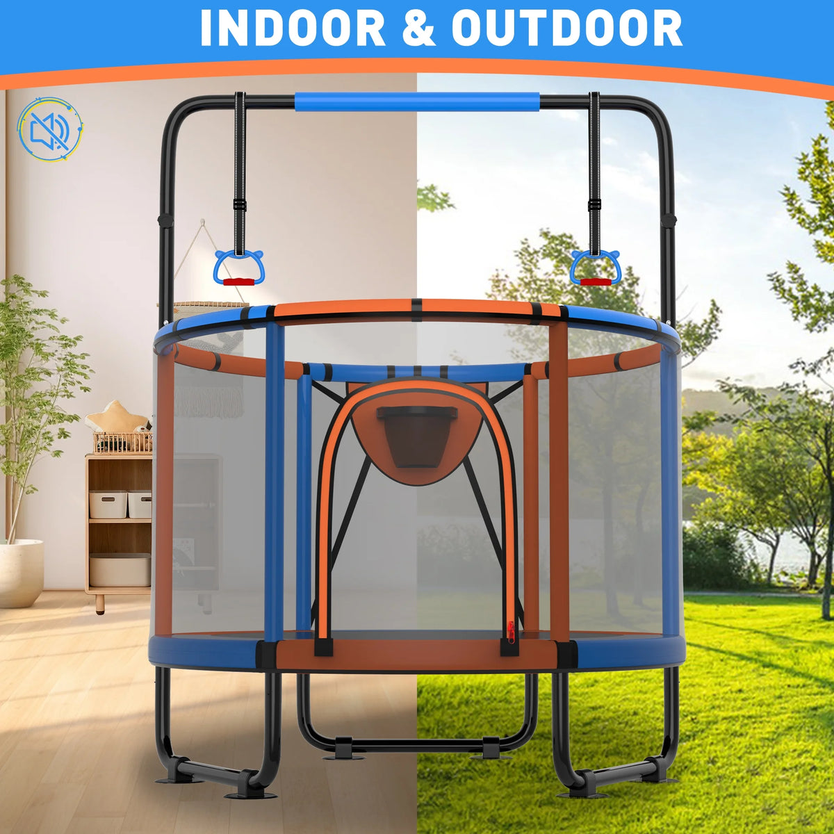 CITYLE Trampoline for Kids 600LBS 60'' 5FT Toddler Trampoline Indoor Outdoor with Basketball Hoop, Swing, Adjustable Bar, Mini Small Trampoline with Enclosure, Gifts for Toddlers, Boys & Girls
