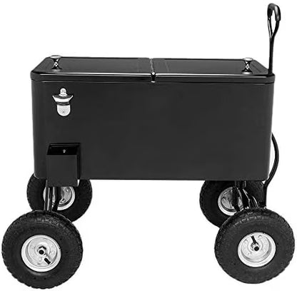 80 Quart Wagon Rolling Cooler Ice Chest, /Long Handle and 10" Wheels, Portable Beach Patio Party Bar Cold Drink Beverage, Outdoor Park Cart on Wheels