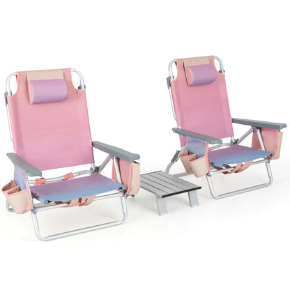 Costway 2-Pack Folding Backpack Beach Chair Table Set 5-Position Outdoor Reclining Chair Pink