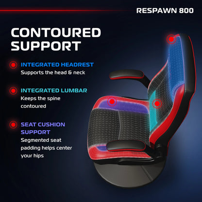 RESPAWN 800 Swivel Rocker Gaming Chair - Ergonomic Floor Gaming Seat with Lumbar Support, Flip Up Armrest, High Back, Pedestal Base, Comfortable No Wheels Console Video Game Rocker Chair - Red